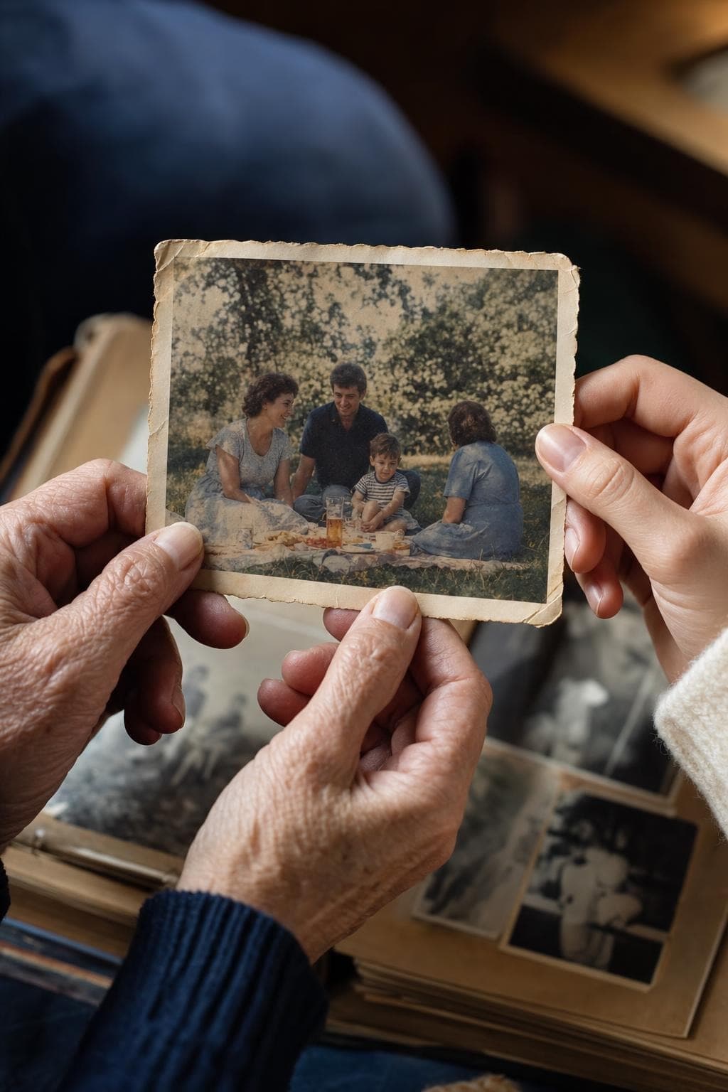Hands holding an old family photo above an open album