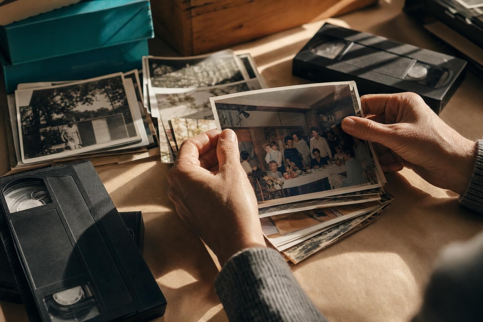 Old photographs and VHS tapes being sorted on an archive table